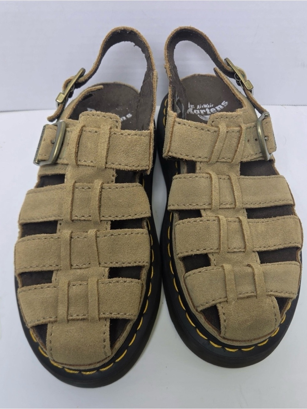 Dr. Martens Men's Tan Suede Fisherman-Style Sandals with Yellow Stitching